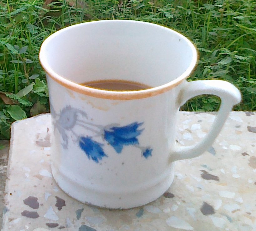 White floral ceramic mug of brown herbal tea outdoors on a stone surface